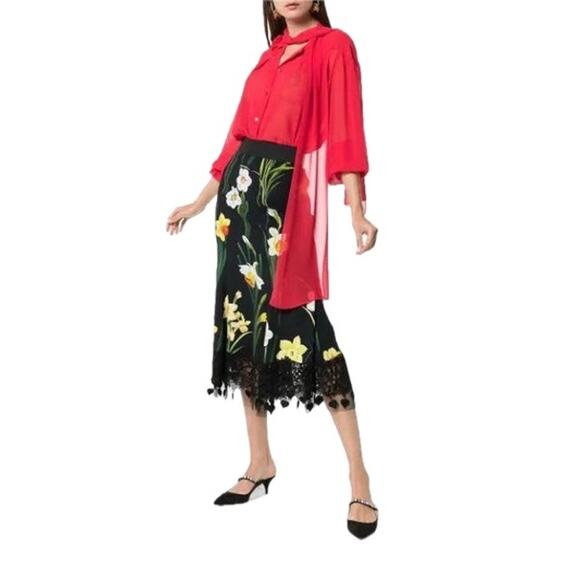 DOLCE & GABBANA Black Daffodil-print Cady Midi Skirt  IT 40 US S - Picture 3 of 9